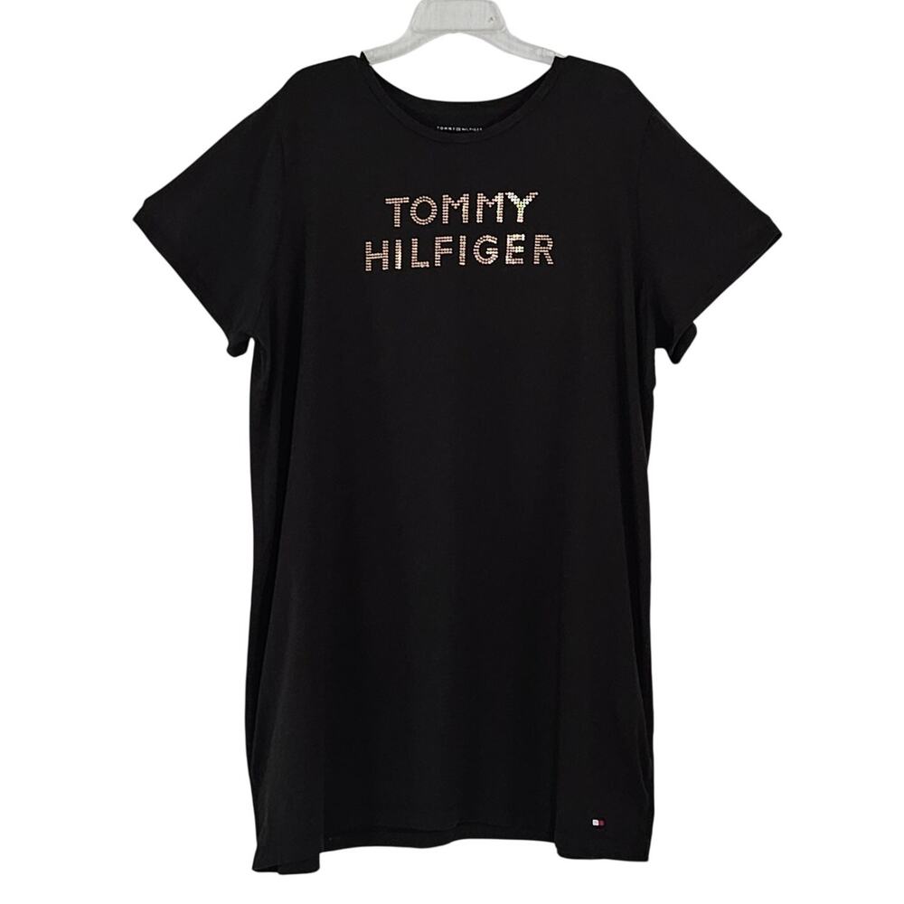 Tommy Hilfiger Rhinestone Logo T-Shirt Dress Black Sz 2X